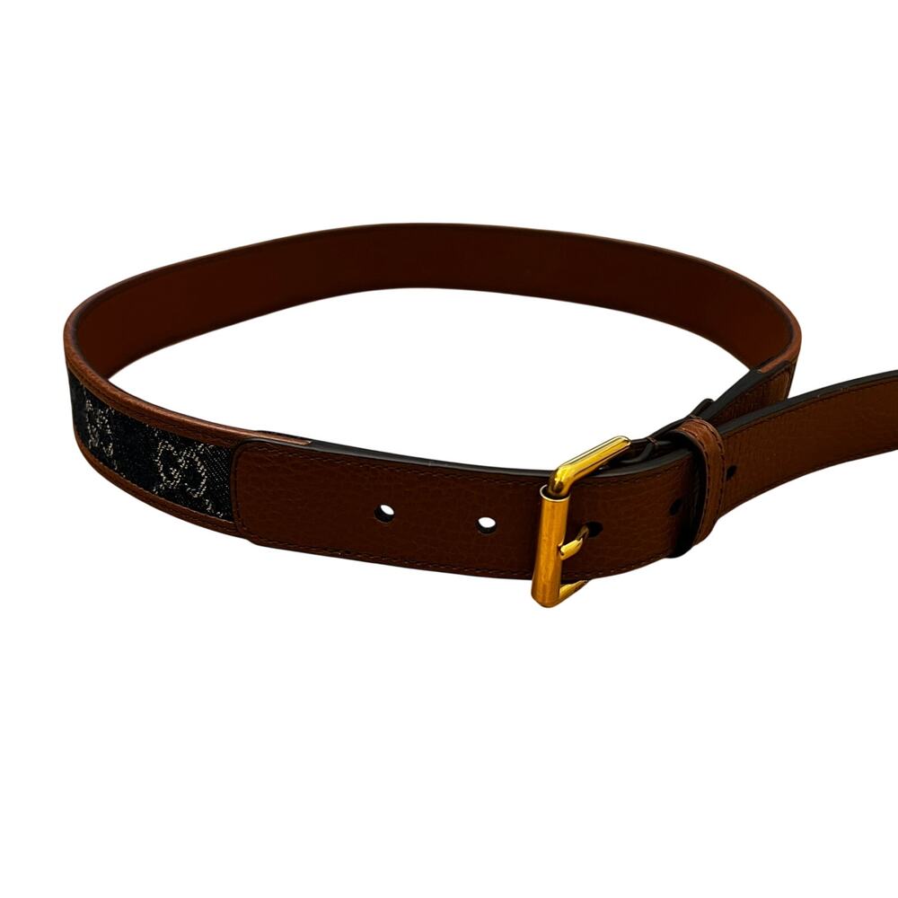 GUCCI WOMENS BROWN LEATHER & DENIM SQUARE BUCKLE BELT sz 70 NEW Authentic